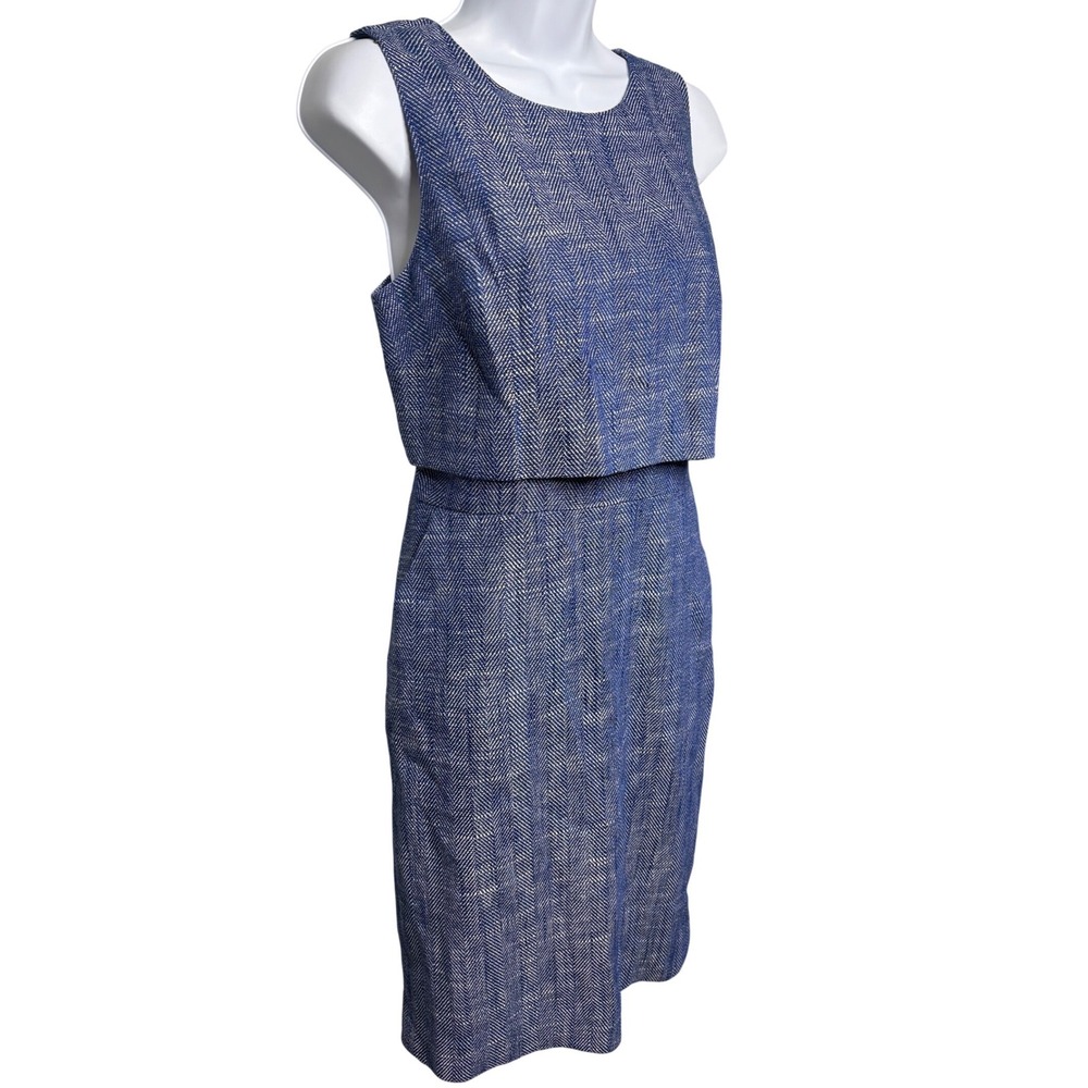 J. CREW Womens Blue Herringbone Layered Sleeveless Sheath Dress 4 Preppy Office - Picture 2 of 13
